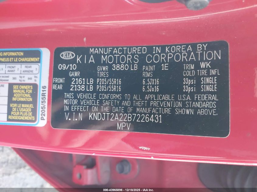 2011 Kia Soul + VIN: KNDJT2A22B7226431 Lot: 43965896