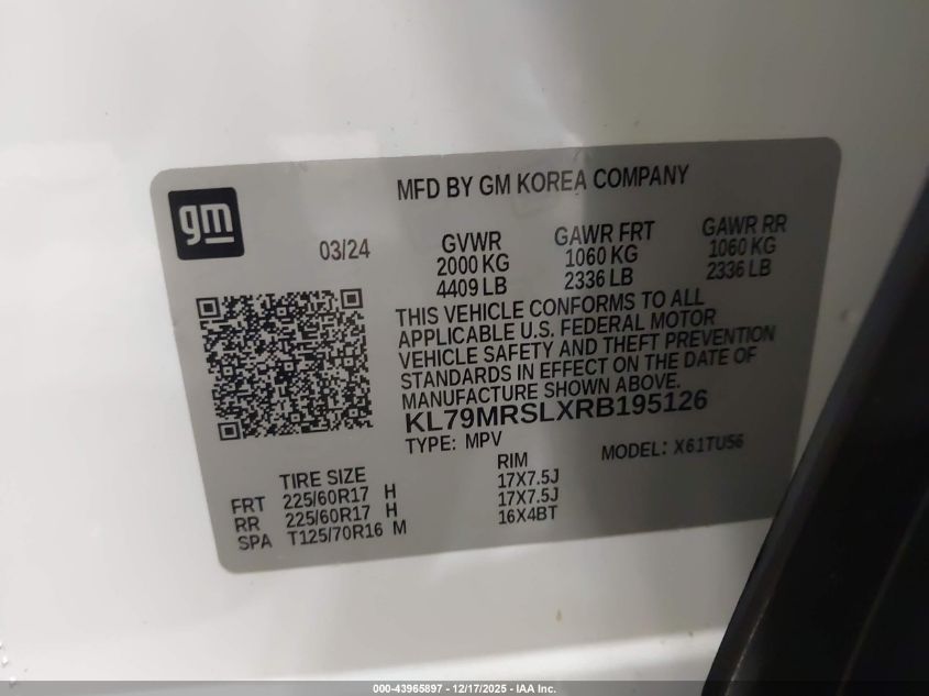 2024 Chevrolet Trailblazer Awd Lt VIN: KL79MRSLXRB195126 Lot: 43965897