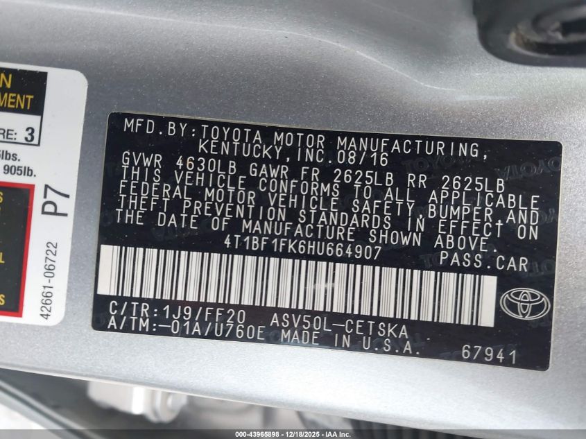 2017 Toyota Camry Se VIN: 4T1BF1FK6HU664907 Lot: 43965898