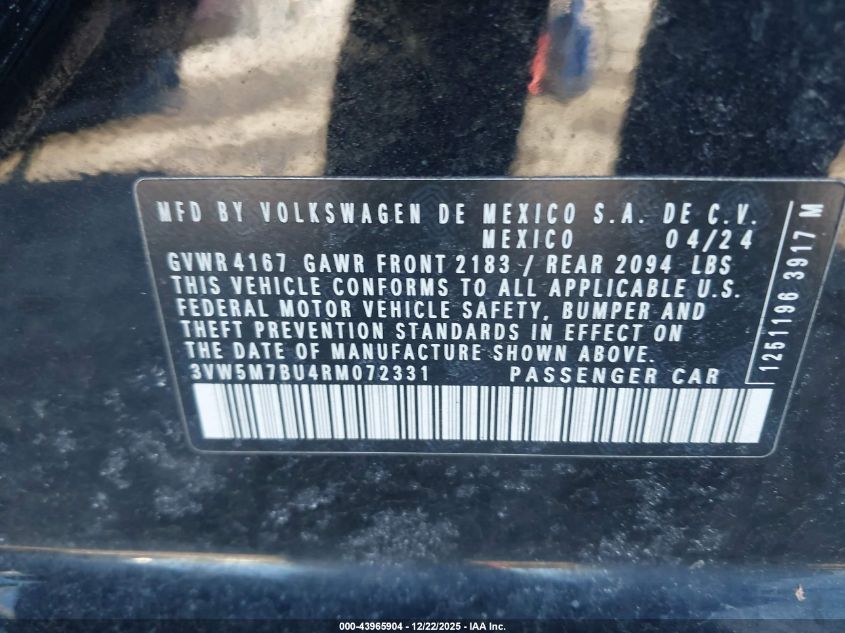2024 Volkswagen Jetta 1.5T S VIN: 3VW5M7BU4RM072331 Lot: 43965904