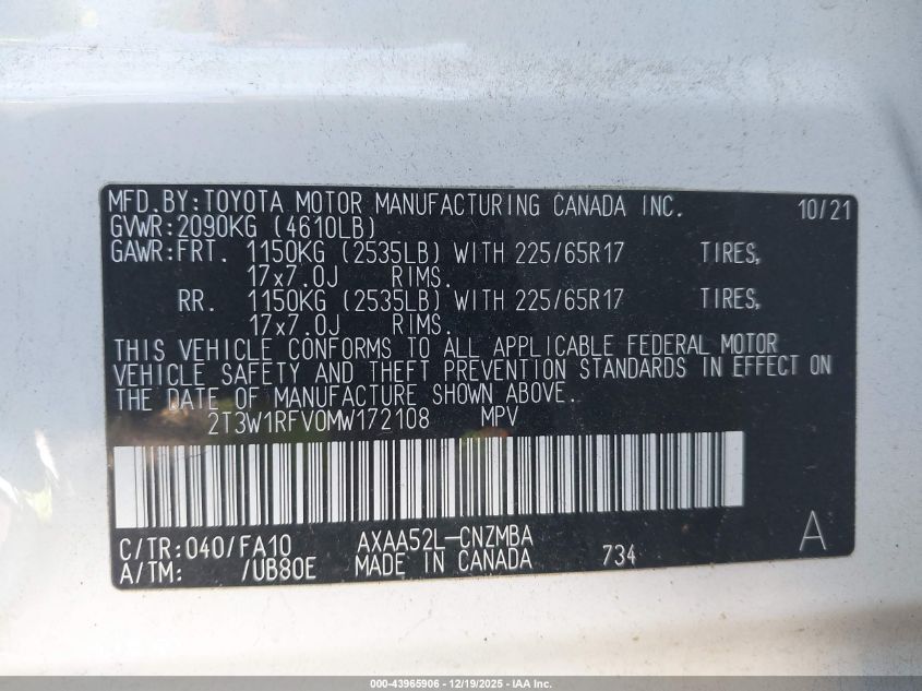 2021 Toyota Rav4 Xle VIN: 2T3W1RFV0MW172108 Lot: 43965906