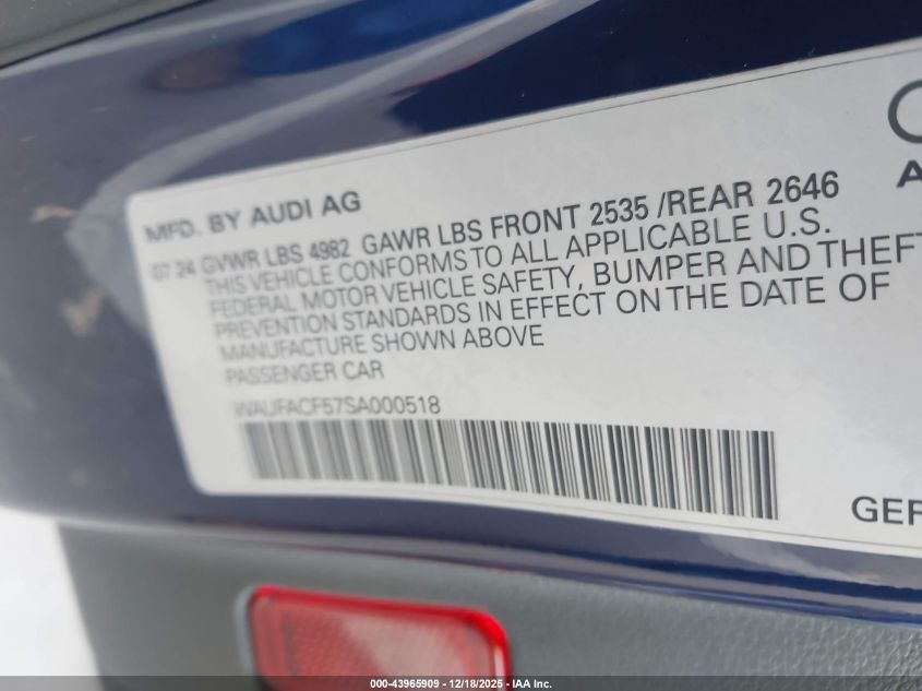 2025 Audi A5 Sportback Premium Plus 45 Tfsi S Line Quattro S Tronic VIN: WAUFACF57SA000518 Lot: 43965909