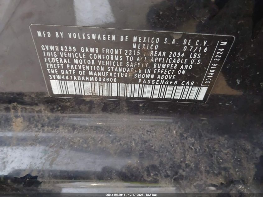 2017 Volkswagen Golf Gti Autobahn 4-Door VIN: 3VW447AU8HM003606 Lot: 43965911