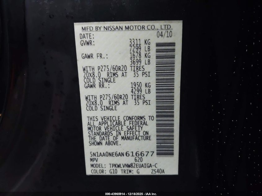 2010 Nissan Armada Platinum VIN: 5N1AA0NE6AN616677 Lot: 43965914