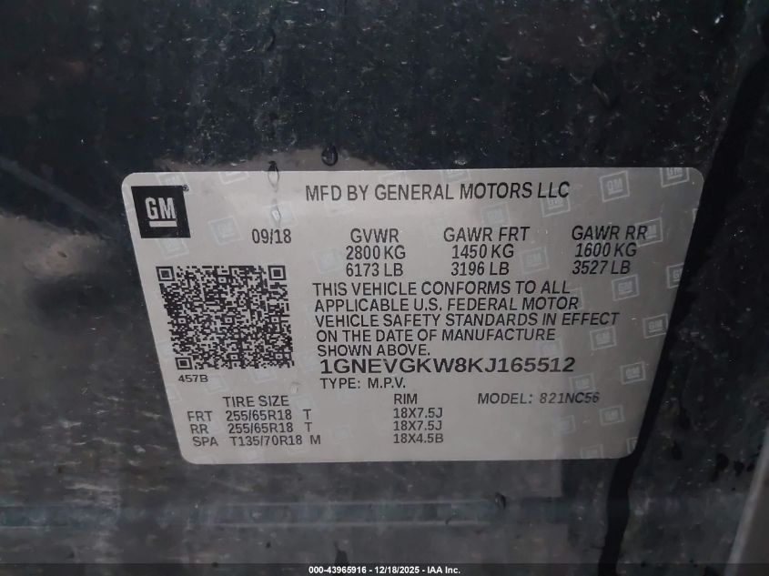 2019 Chevrolet Traverse 1Lt VIN: 1GNEVGKW8KJ165512 Lot: 43965916