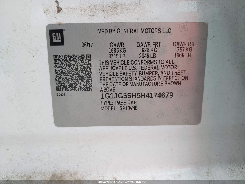 2017 Chevrolet Sonic Lt Auto VIN: 1G1JG6SH5H4174679 Lot: 43965917