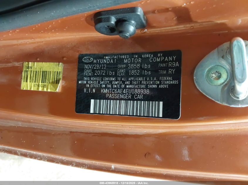 2014 Hyundai Veloster Turbo W/Black VIN: KMHTC6AE4EU188938 Lot: 43965918