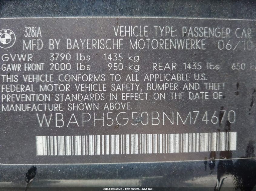 2011 BMW 328I VIN: WBAPH5G50BNM74670 Lot: 43965922