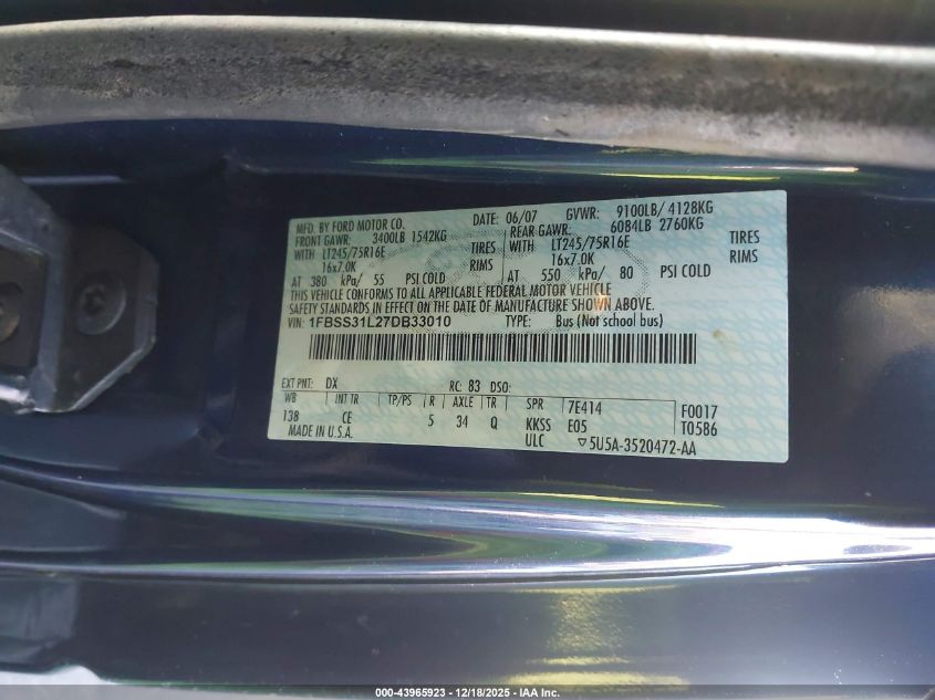 2007 Ford E-350 Super Duty Xl/Xlt VIN: 1FBSS31L27DB33010 Lot: 43965923