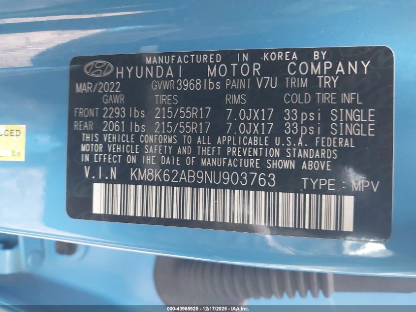 2022 Hyundai Kona Sel VIN: KM8K62AB9NU903763 Lot: 43965925