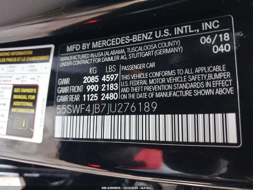 2018 Mercedes-Benz C 300 VIN: 55SWF4JB7JU276189 Lot: 43965928