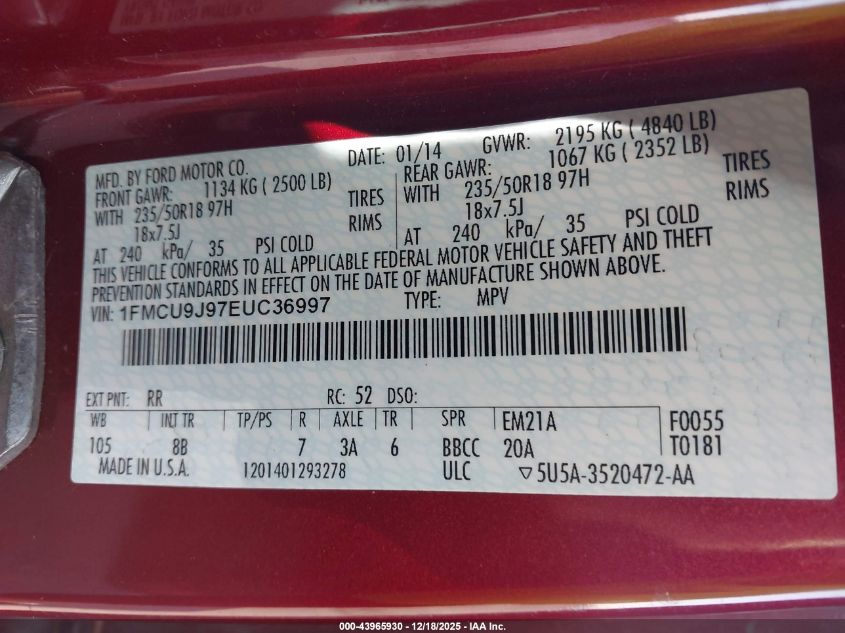 2014 Ford Escape Titanium VIN: 1FMCU9J97EUC36997 Lot: 43965930