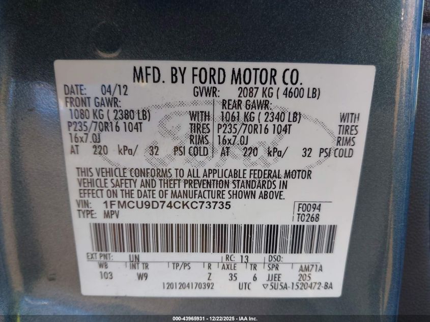2012 Ford Escape Xlt VIN: 1FMCU9D74CKC73735 Lot: 43965931