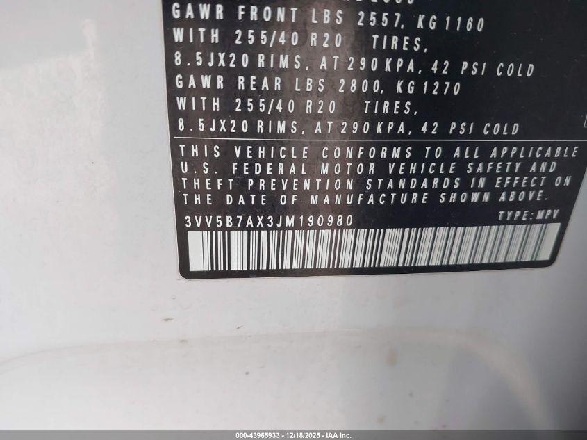 2018 Volkswagen Tiguan 2.0T Sel Premium VIN: 3VV5B7AX3JM190980 Lot: 43965933