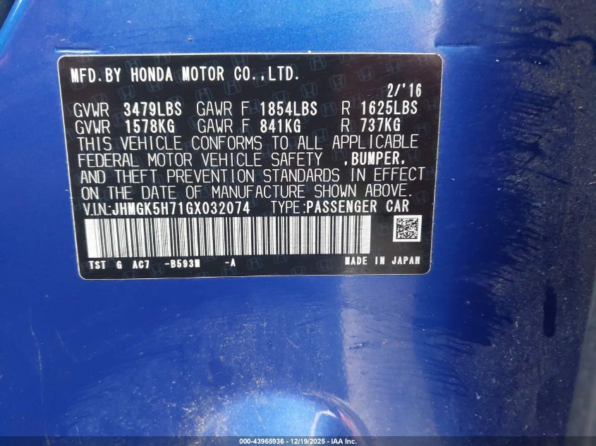 2016 Honda Fit Ex VIN: JHMGK5H71GX032074 Lot: 43965936