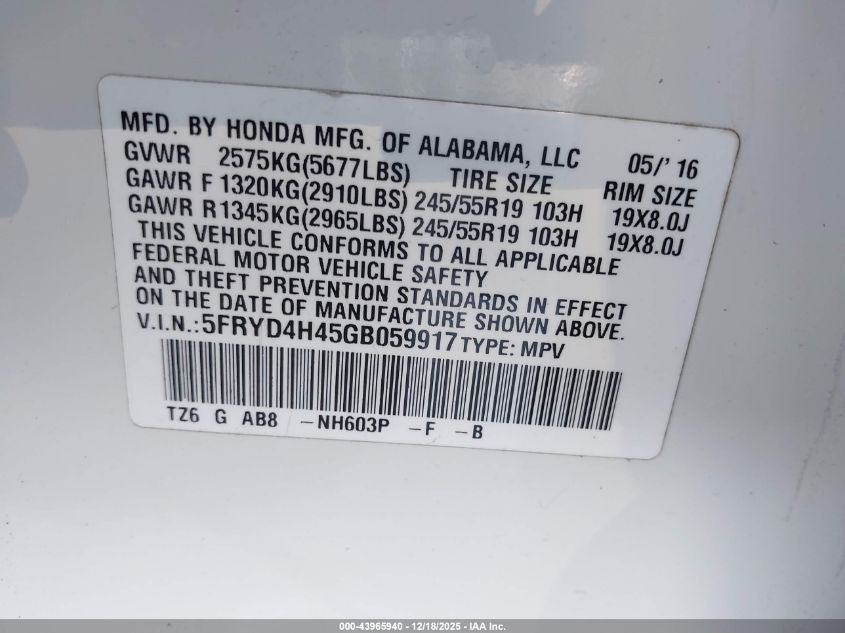2016 Acura Mdx Technology Acurawatch Plus Packages/Technology Package VIN: 5FRYD4H45GB059917 Lot: 43965940