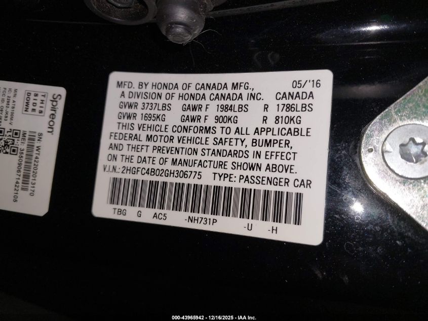 2016 Honda Civic Lx-P VIN: 2HGFC4B02GH306775 Lot: 43965942