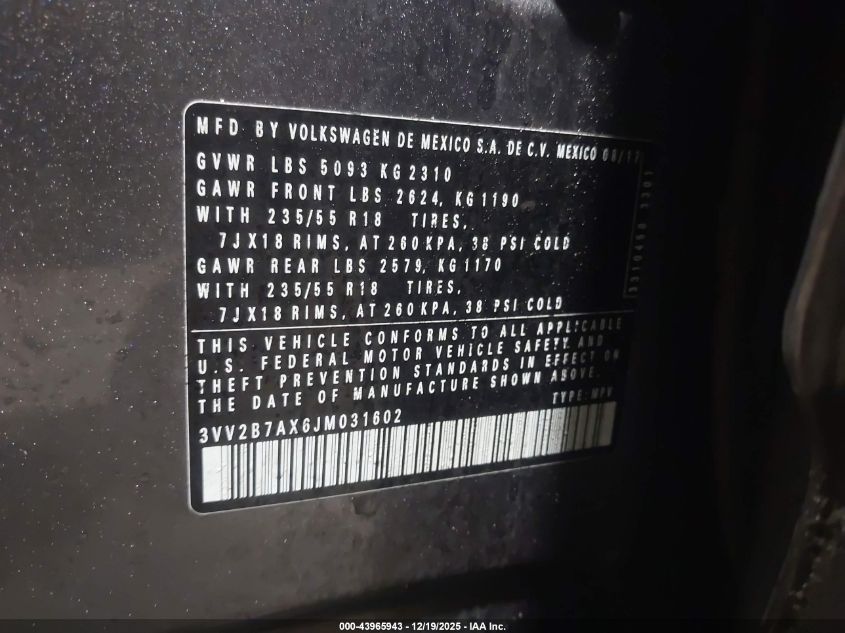 2018 Volkswagen Tiguan 2.0T Se/2.0T Sel VIN: 3VV2B7AX6JM031602 Lot: 43965943