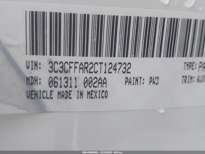 2012 Fiat 500 Pop VIN: 3C3CFFAR2CT124732 Lot: 43965945