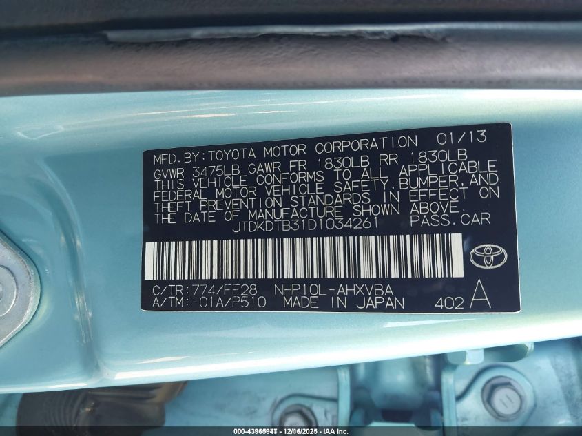 2013 Toyota Prius C Two VIN: JTDKDTB31D1034261 Lot: 43965947