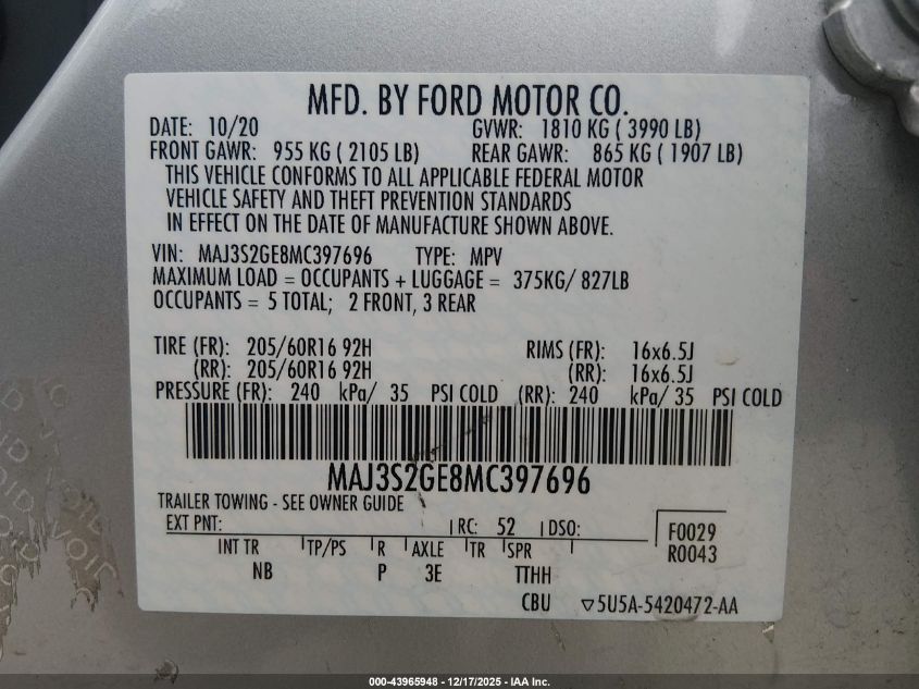 2021 Ford Ecosport Se VIN: MAJ3S2GE8MC397696 Lot: 43965948