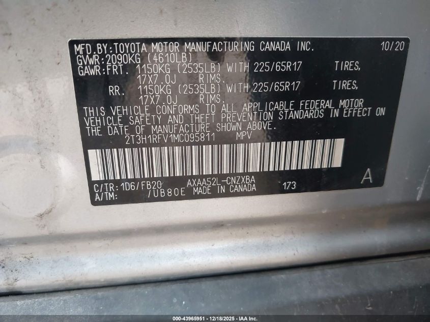 2021 Toyota Rav4 Le VIN: 2T3H1RFV1MC095811 Lot: 43965951