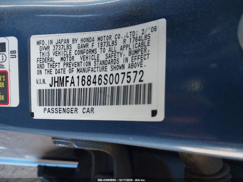 2006 Honda Civic Ex VIN: JHMFA16846S007572 Lot: 43965958
