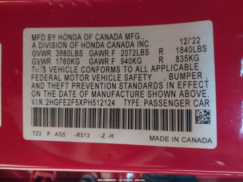 2023 Honda Civic Sport VIN: 2HGFE2F5XPH512124 Lot: 43965959