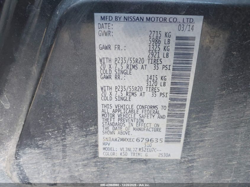 2014 Nissan Pathfinder Platinum VIN: 5N1AR2MMXEC679635 Lot: 43965960