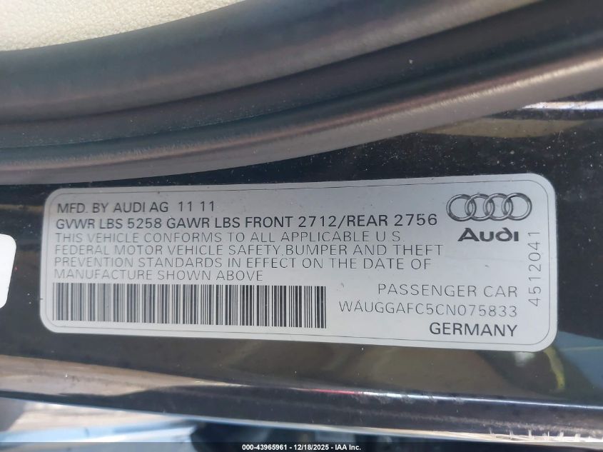 2012 Audi A6 3.0 Premium VIN: WAUGGAFC5CN075833 Lot: 43965961