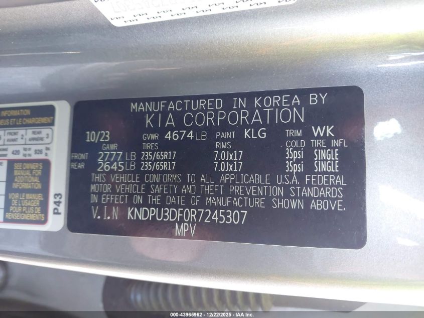 2024 Kia Sportage Lx VIN: KNDPU3DF0R7245307 Lot: 43965962