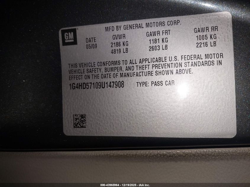 2009 Buick Lucerne Cxl-4 VIN: 1G4HD57109U147908 Lot: 43965964