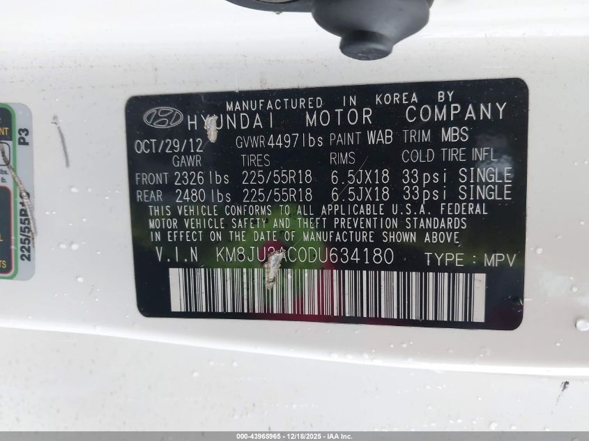 2013 Hyundai Tucson Limited VIN: KM8JU3AC0DU634180 Lot: 43965965