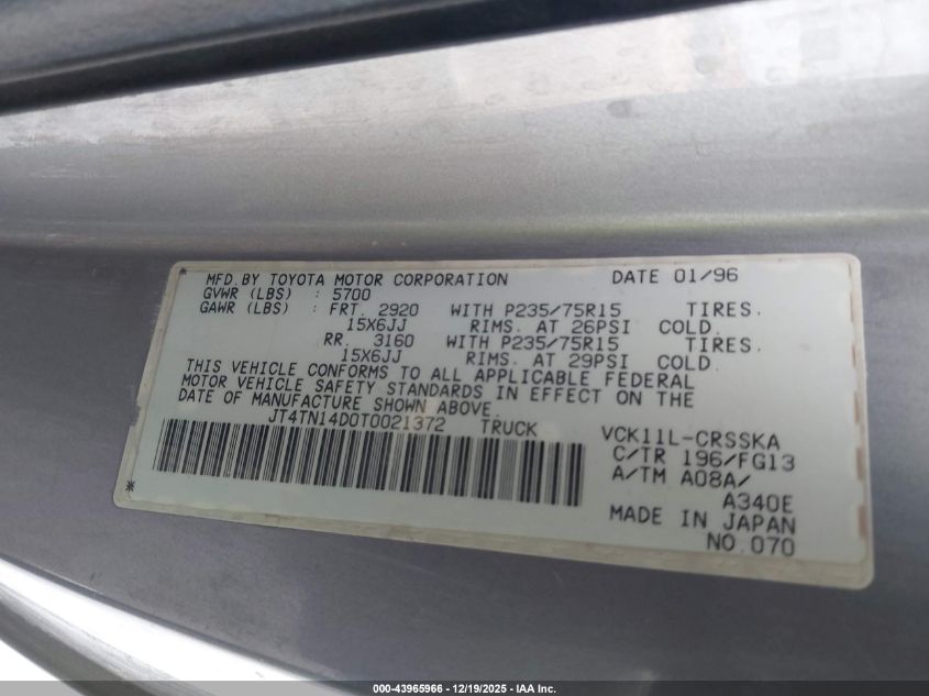 1996 Toyota T100 Xtracab Sr5 VIN: JT4TN14D0T0021372 Lot: 43965966