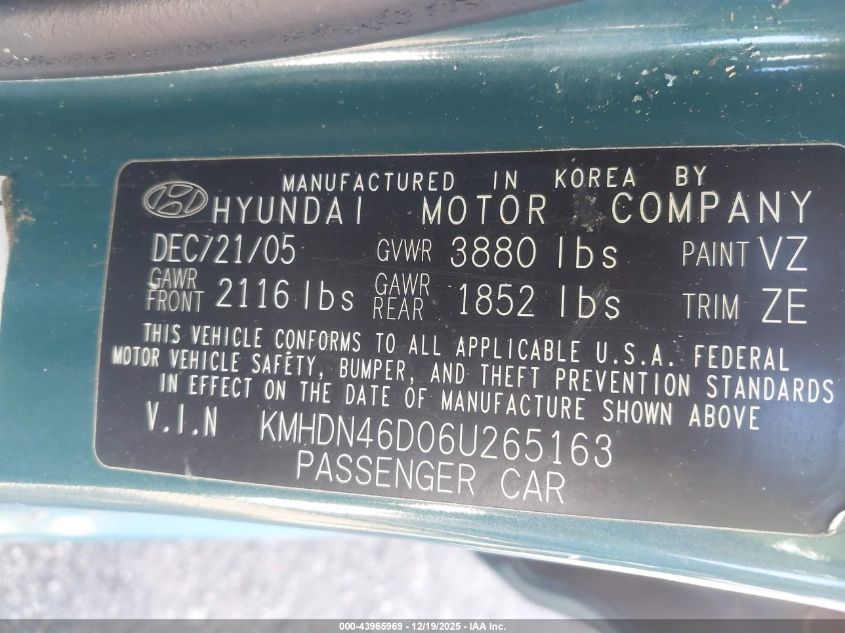 2006 Hyundai Elantra Gls/Limited VIN: KMHDN46D06U265163 Lot: 43965969