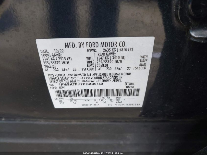 2023 Ford Explorer Limited VIN: 1FMSK7FH7PGA05749 Lot: 43965970