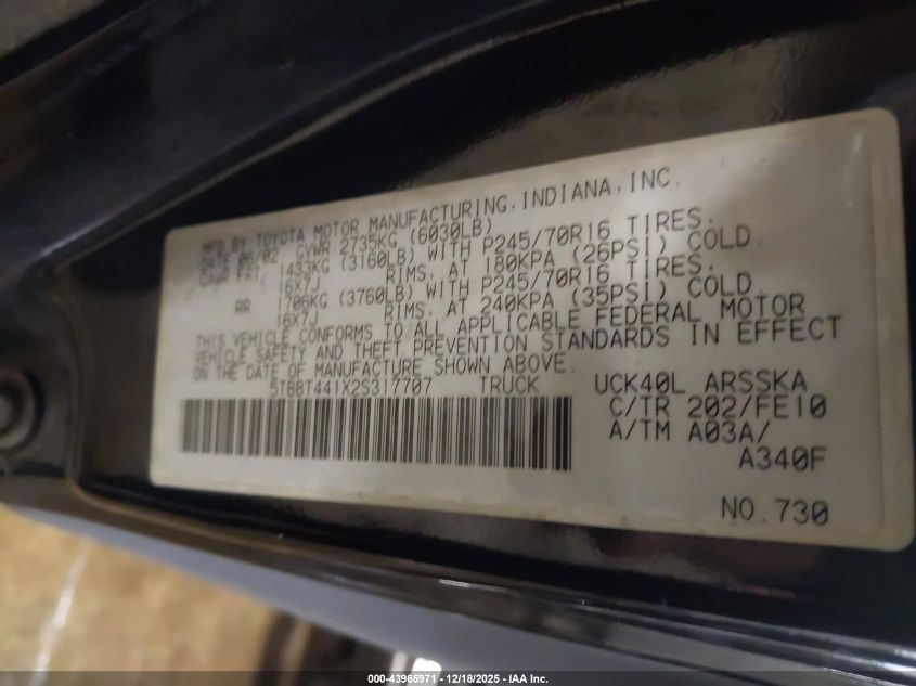 2002 Toyota Tundra Sr5 V8 VIN: 5TBBT441X2S317707 Lot: 43965971