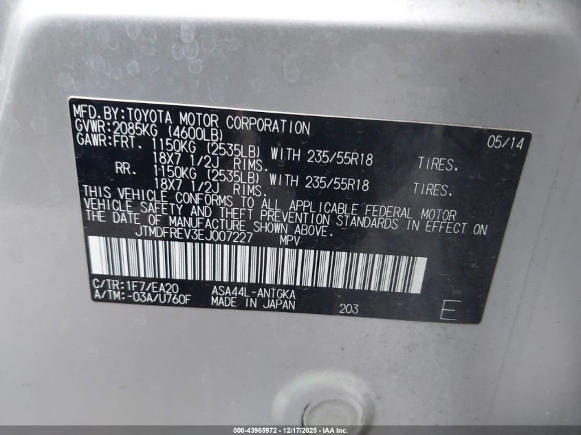 2014 Toyota Rav4 Limited VIN: JTMDFREV3EJ007227 Lot: 43965972