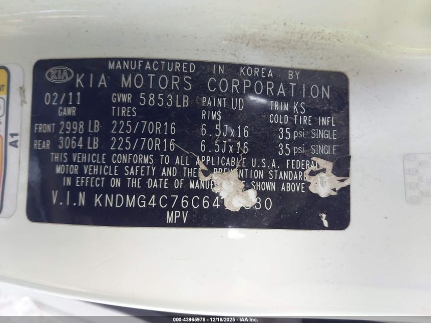 2012 Kia Sedona Lx VIN: KNDMG4C76C6416830 Lot: 43965978