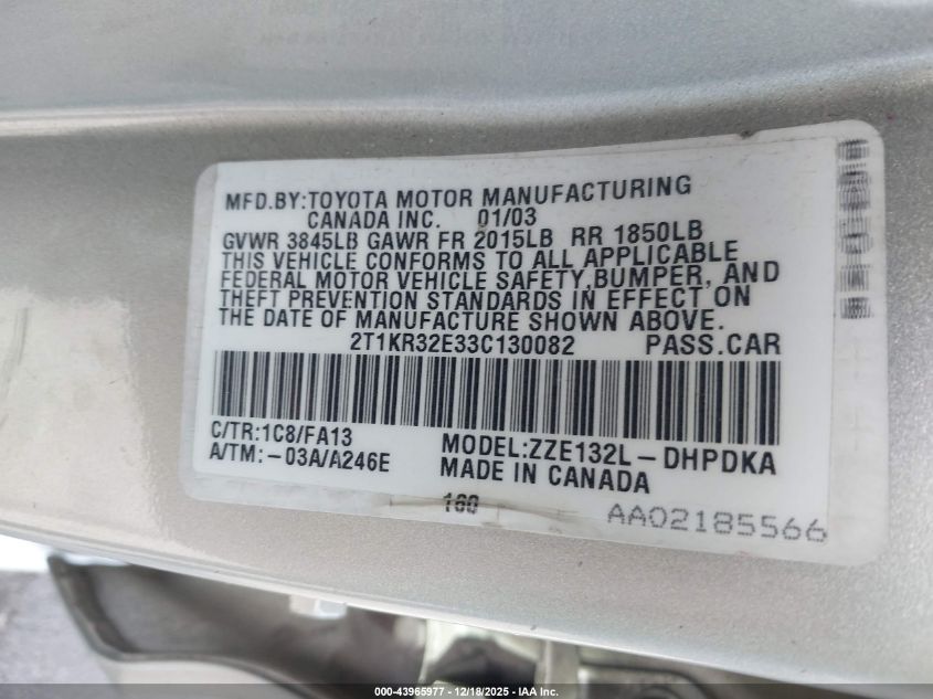 2003 Toyota Matrix Standard VIN: 2T1KR32E33C130082 Lot: 43965977