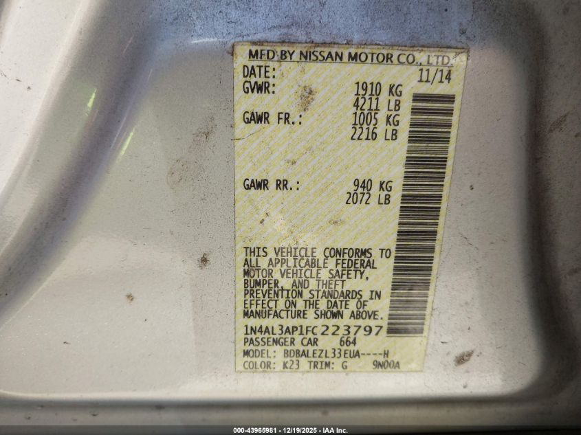 2015 Nissan Altima 2.5 S VIN: 1N4AL3AP1FC223797 Lot: 43965981