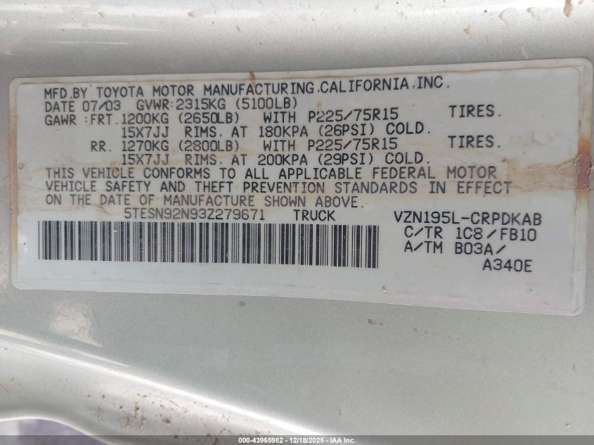 2003 Toyota Tacoma Prerunner V6 VIN: 5TESN92N93Z279671 Lot: 43965982