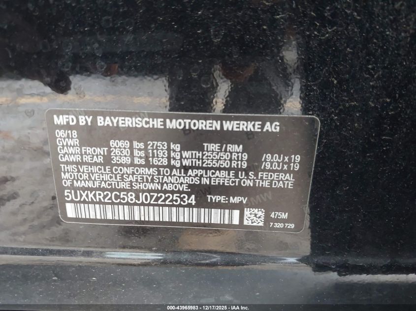 2018 BMW X5 Sdrive35I VIN: 5UXKR2C58J0Z22534 Lot: 43965983