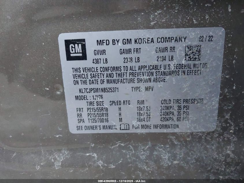 2022 Chevrolet Trax Awd Lt VIN: KL7CJPSM1NB525371 Lot: 43965985