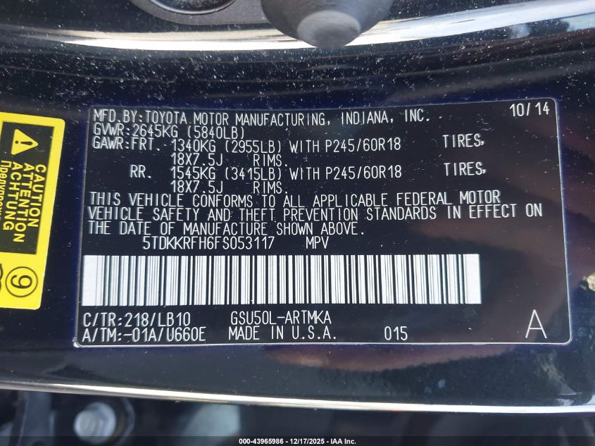 2015 Toyota Highlander Xle V6 VIN: 5TDKKRFH6FS053117 Lot: 43965986