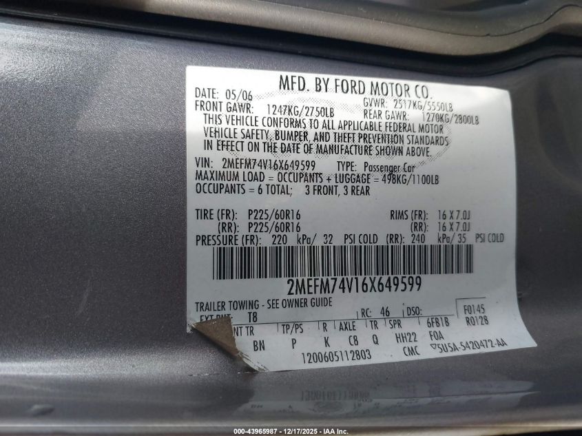 2006 Mercury Grand Marquis Gs VIN: 2MEFM74V16X649599 Lot: 43965987