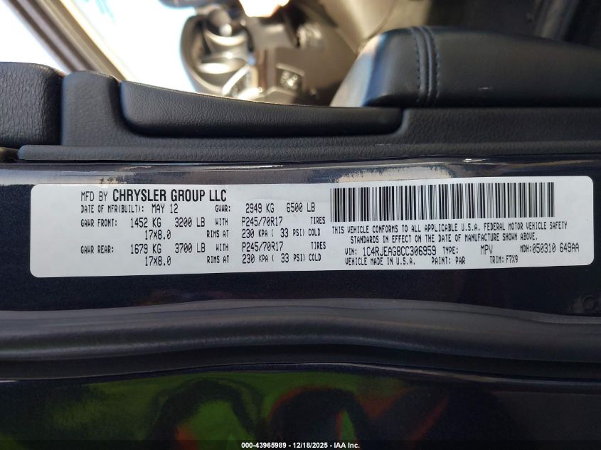 2012 Jeep Grand Cherokee Laredo VIN: 1C4RJEAG8CC306959 Lot: 43965989