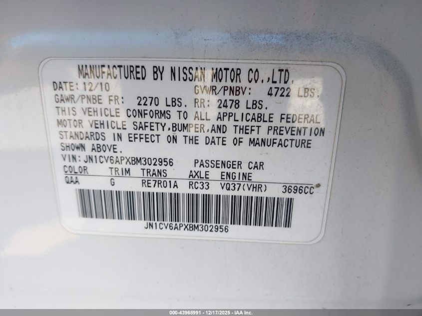 2011 Infiniti G37 Journey VIN: JN1CV6APXBM302956 Lot: 43965991