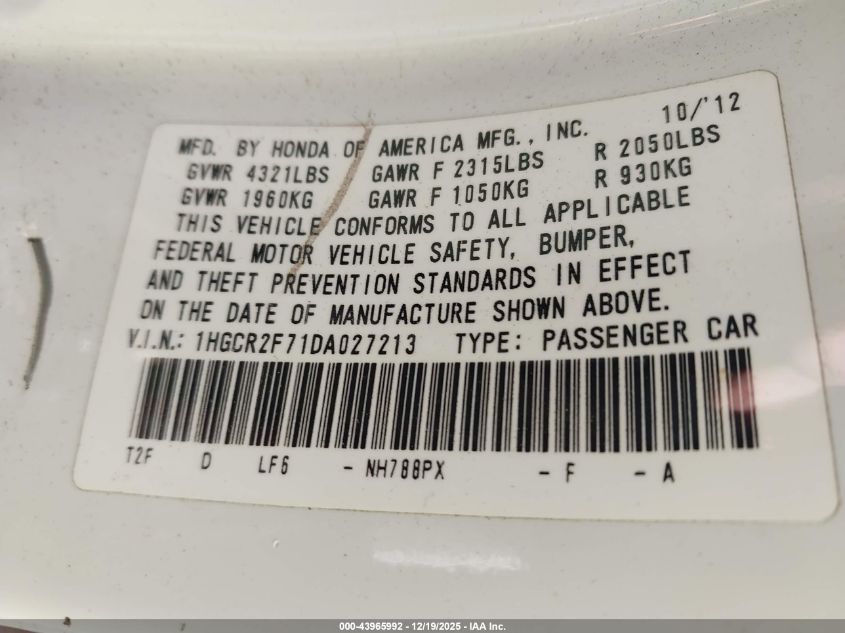 2013 Honda Accord Ex VIN: 1HGCR2F71DA027213 Lot: 43965992