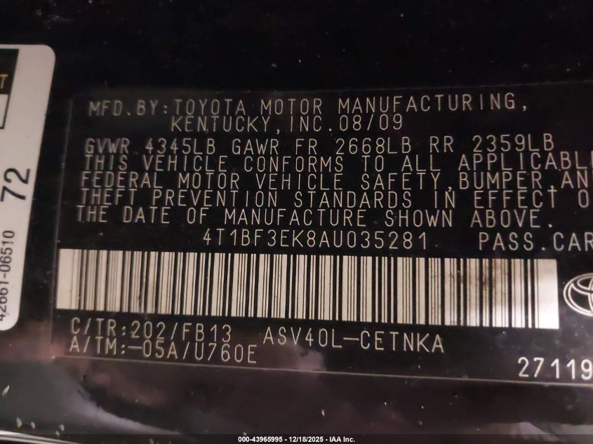 2010 Toyota Camry VIN: 4T1BF3EK8AU035281 Lot: 43965995